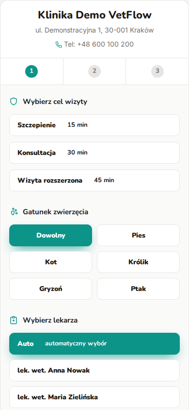 Rezerwacja online Vet-Flow na telefonie właściciela