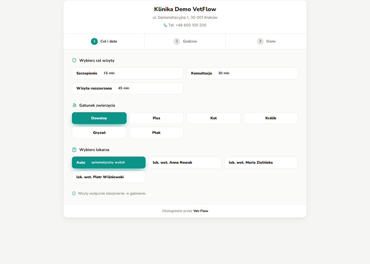 Rezerwacja online Vet-Flow — wybór celu wizyty, gatunku zwierzęcia i lekarza